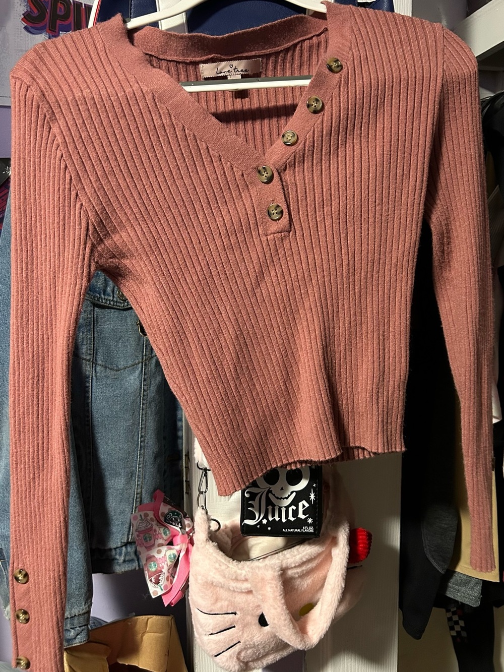 Love Tree Ribbed Long Sleeve Top in Dusty Rose with Button Placket